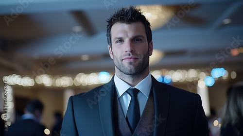 At an upscale gala, a model showcases a modern three-piece suit with a slim fit, complete with a stylish vest and tie. The backdrop features a tastefully decorated venue with elegant decor, setting