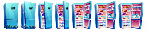 Fridge opening animation sequence showing blue refrigerator full of fresh products. Cartoon progression of door movement from closed to open, shelving compartments and colorful food items inside.
