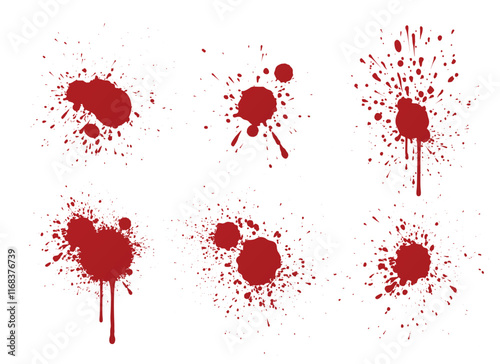 Blood splash collection - crimson stains with scattered droplets, drips and splatter patterns. Different sizes of abstract paint splotches for horror effect, crime scene decoration or halloween design