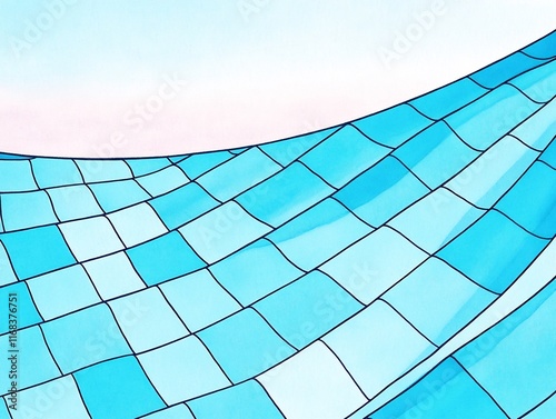 Serene Hand-Drawn Illustration: Gently Curving Abstract Teal Tilescape. AI Generated