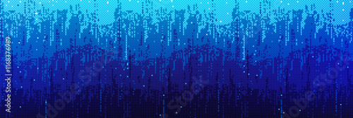 Pixel bitmap pattern with blue gradient shade. Vertical pixelated streaks cascade downward. Digital rain effect with scattered luminous dots. Cyberpunk game background. Retro 8 bit videogame effect.