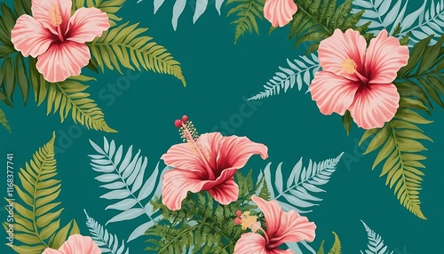 Pink Hibiscus Flowers and Lush Green Tropical Foliage