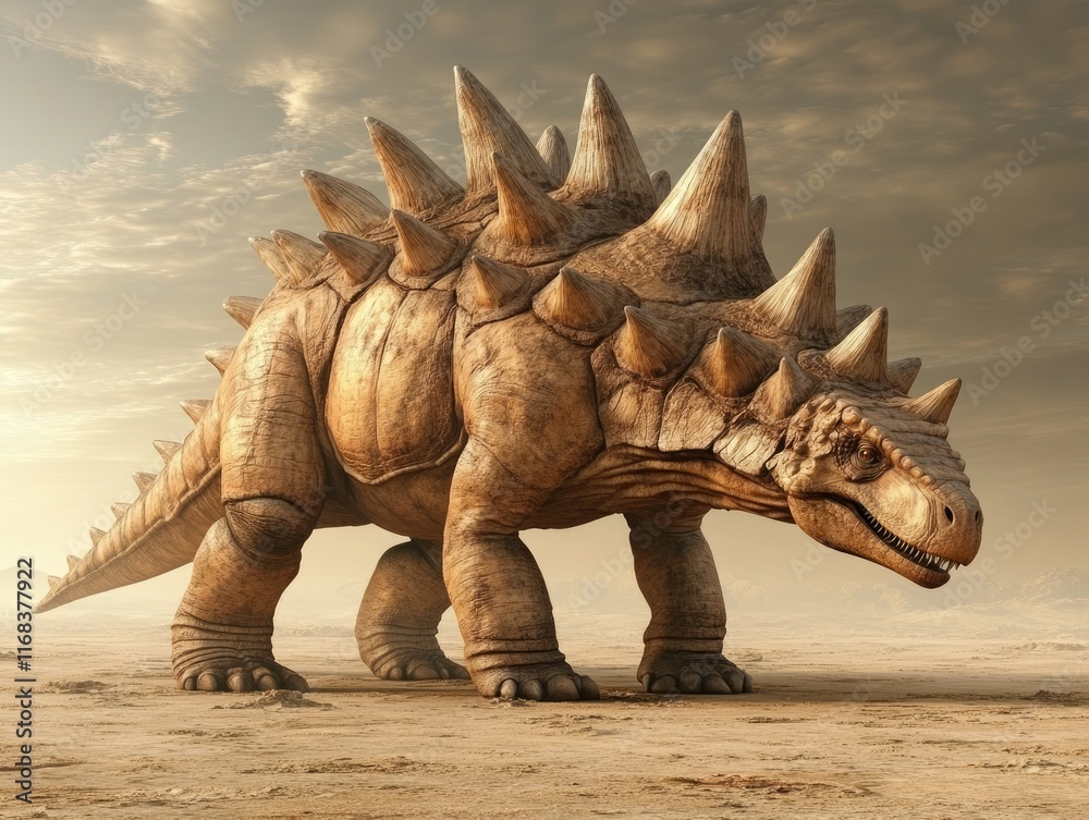Fototapeta premium A large, spiked dinosaur-like creature stands in a barren landscape under a dramatic sky.
