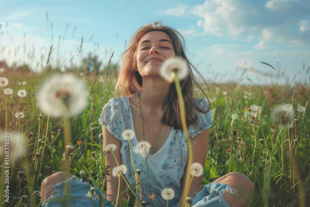 Beautiful young woman enjoying nature on summer lawn.