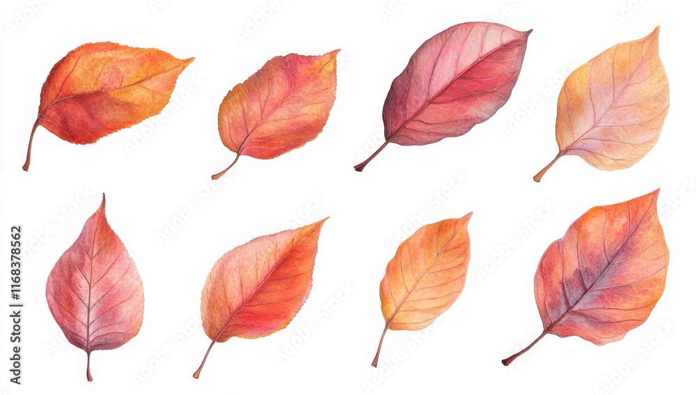 Fototapeta premium Eight autumn leaves watercolor painting isolated on white.