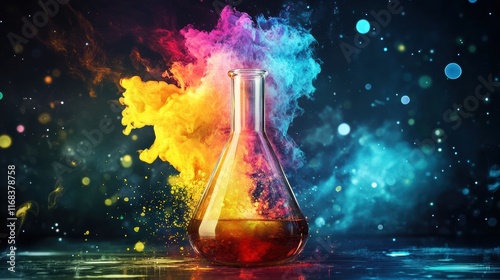 A colorful representation of a chemical reaction exploding in a laboratory flask photo