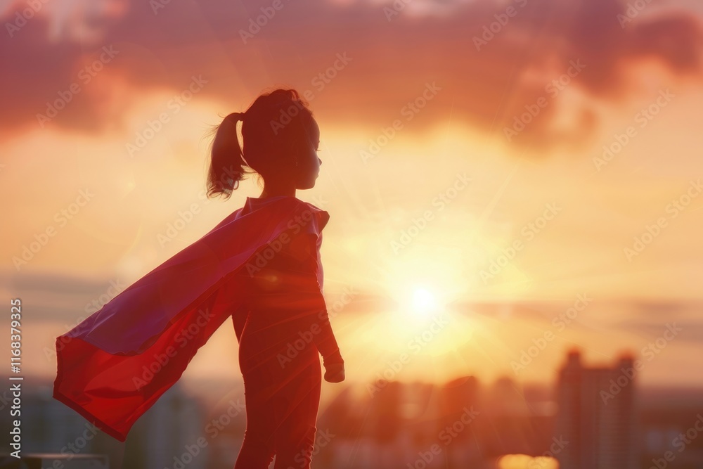 Fototapeta premium Little child girl plays superhero. Child on the background of sunset sky. Girl power concept