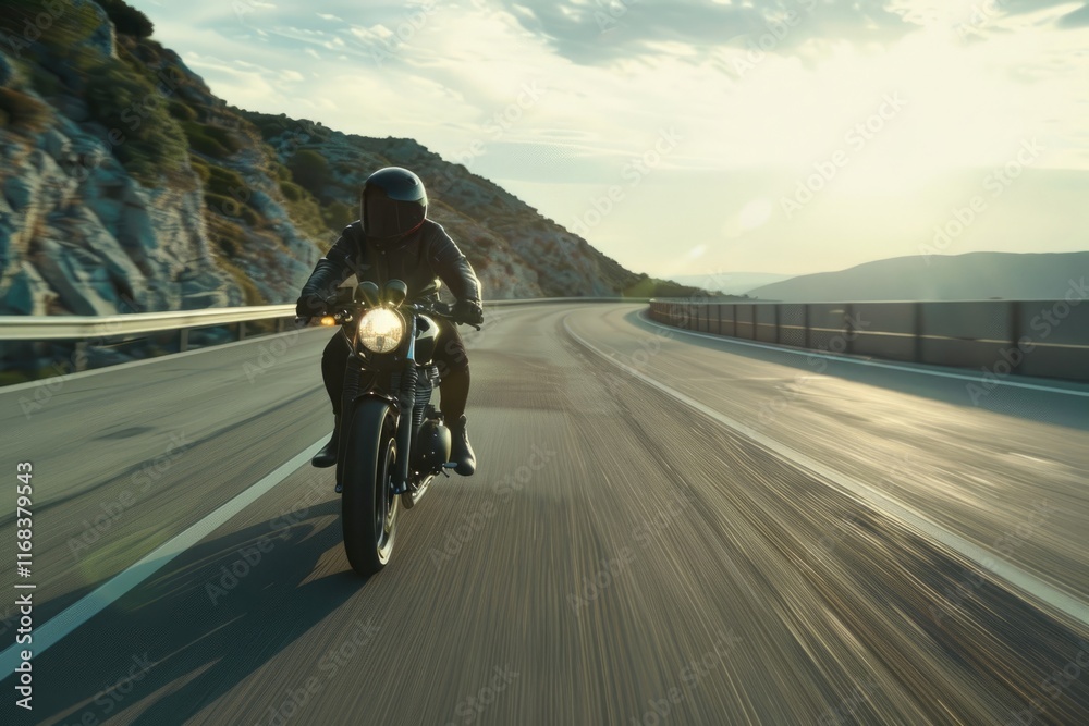 Motorcycle driver on asphalt motorway capturing travel and freedom.