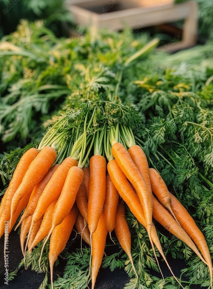 Freshly harvested carrots with green tops on display.