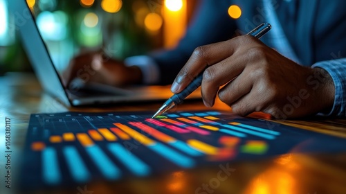 Businessman Analyzing Financial Graphs and Charts in Modern Office with Pen and Laptop