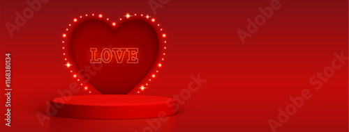 Love display composition with illuminated heart shaped neon frame on red podium - scarlet background with glowing decoration light bulbs. Romantic showcase design or Valentine advertisement elements.