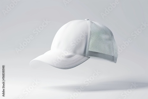 White baseball cap with mesh back, floating on white background. (1)