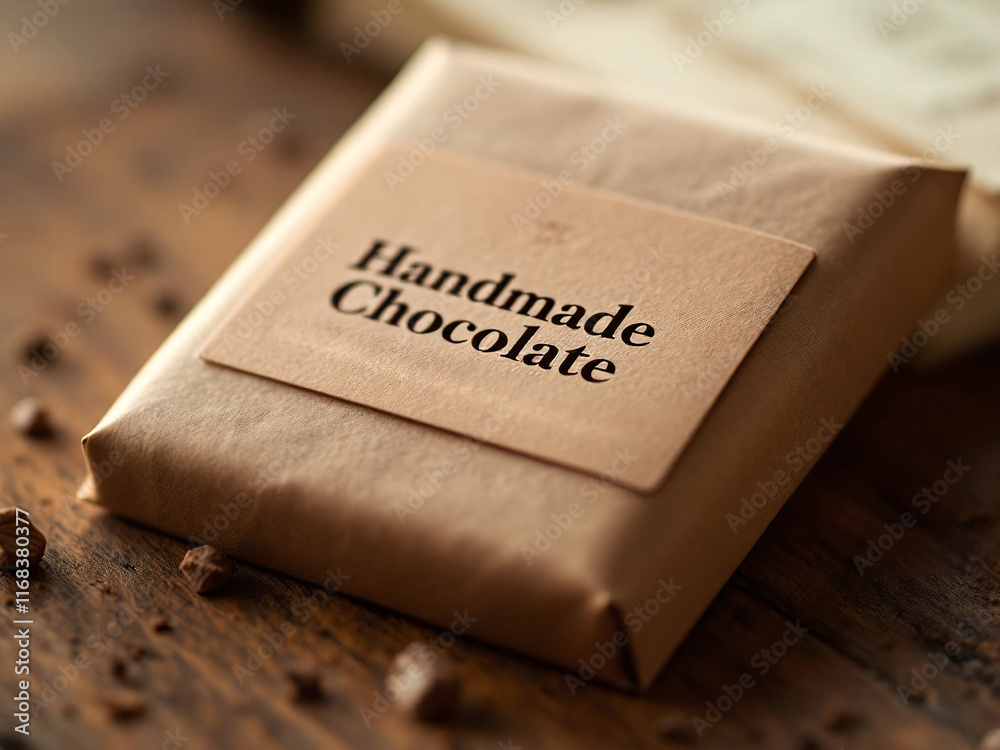 Handmade Chocolate Bar in Brown Paper Packaging on Wooden Table, Close-Up Photograph Handmade Chocolate Bar in Brown Paper Packaging on Wooden Table, Close-Up Photograph