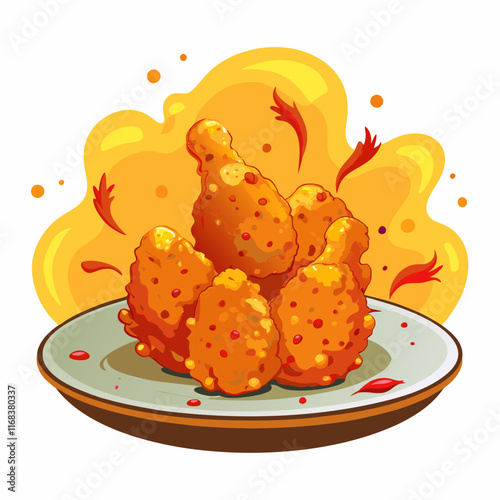 Close-up of a plate of golden, crispy fried chicken drumsticks with steam rising. The chicken is coated in a spicy, crunchy batter with visible chili flakes, adding a vibrant touch of golden crust