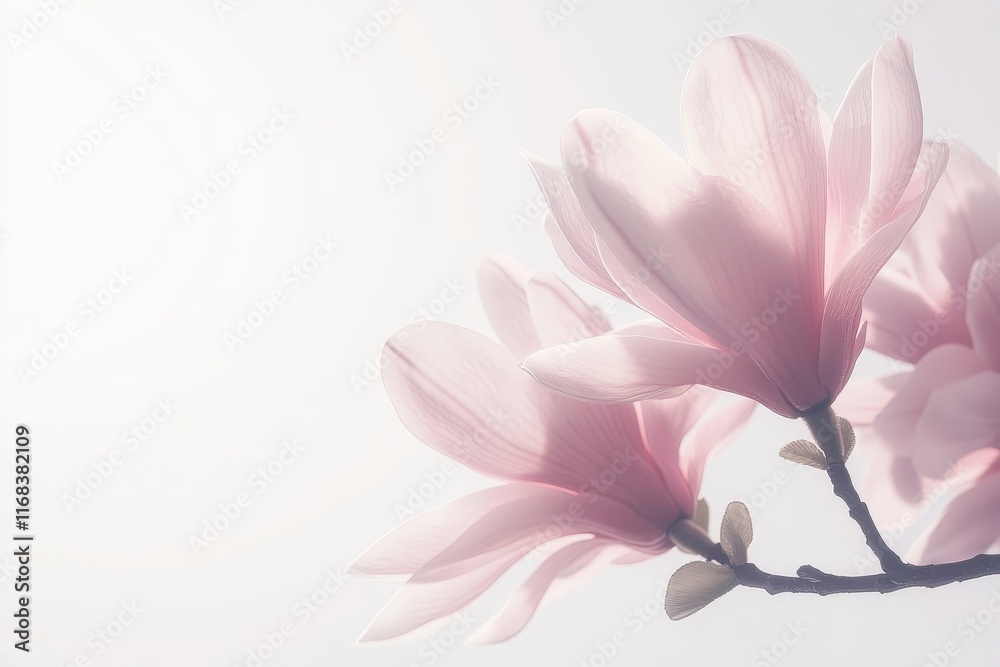 Soft pink magnolia blossoms on a branch against a bright background. Soft pink magnolia blossoms on a branch against a bright background.
