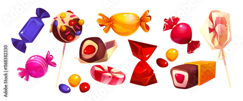 Lollipop sweets with glossy wrappers set - decorated chocolate candies, elly beans, striped peppermint circles, wrapped caramels, crystalline sugar sticks. Colorful confectionery items for shop design