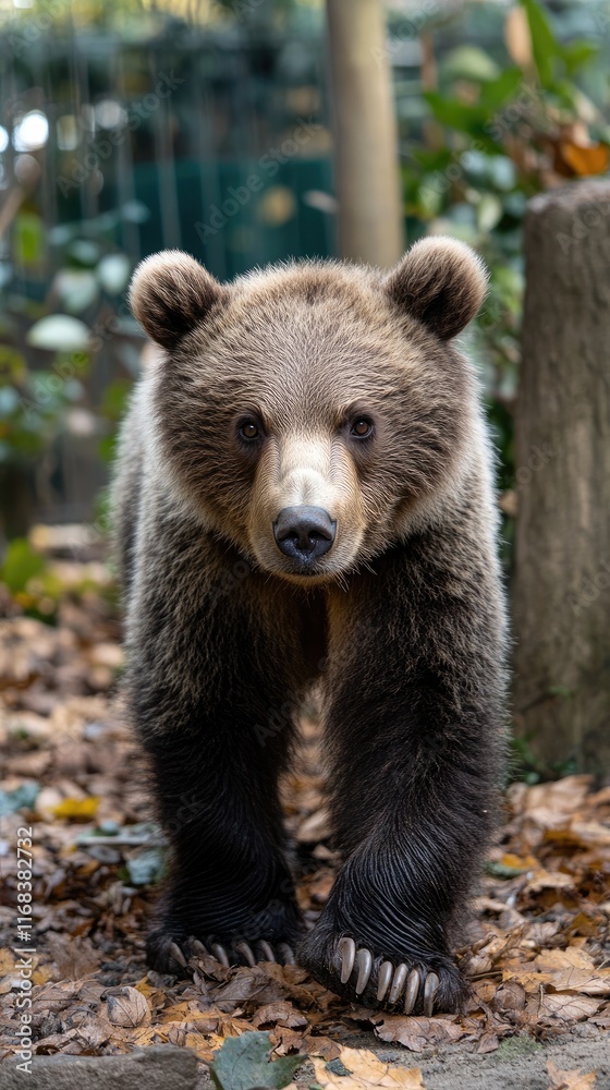 Fototapeta premium A young bear walking through a natural setting with leaves and greenery around.