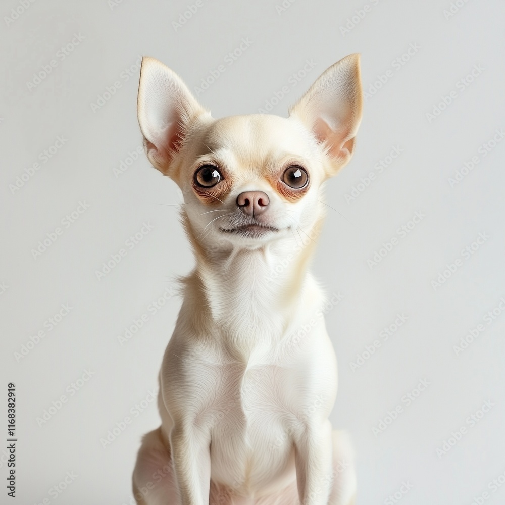 Cream-colored Chihuahua sitting against white background. Cream-colored Chihuahua sitting against white background.