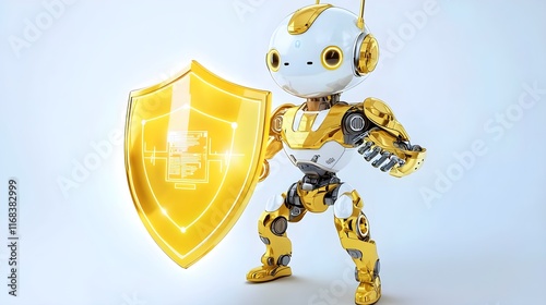 Cute Robot with Shield Displaying Security and Protection Concept