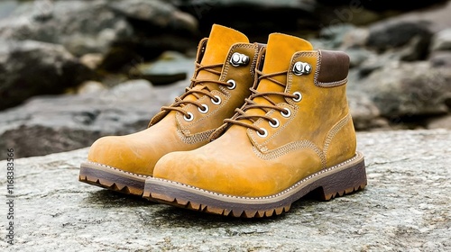 An artistic shot of rugged combat boots, featuring rich brown leather and chunky soles, resting on a natural stone surface. The interplay of light and shadow enhances the rugged texture of the boots,