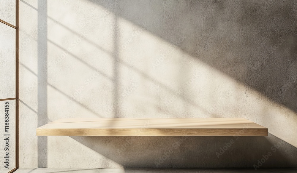 Wooden shelf against a textured wall in sunlight. Wooden shelf against a textured wall in sunlight.