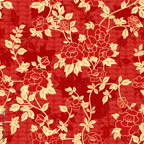 Chinese peony seamless pattern.  Traditional Asian style in red and gold color tone. Vector design for backdrop, background, wallpaper, wrapping paper, carpet, textile, fabric.