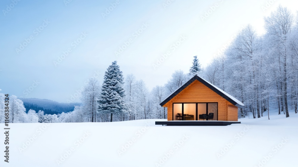 Cozy cabin surrounded by snow-covered trees in a serene landscape. Cozy cabin surrounded by snow-covered trees in a serene landscape.