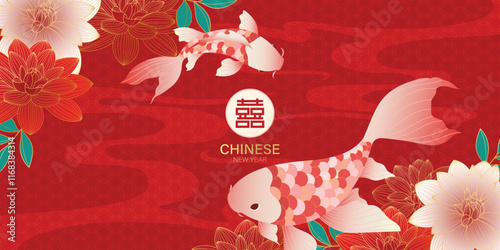 Chinese New Year background vector. Chinese and Japanese wallpaper pattern design of elegant koi fish, peony flower. Design illustration for decoration, wall decor, banner, website, ads.