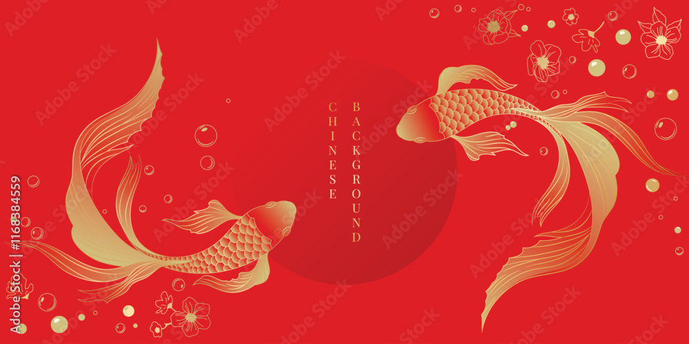 Obraz premium Chinese New Year background vector. Chinese and Japanese wallpaper pattern design of elegant koi fish, flower. Design illustration for decoration, wall decor, banner, website, ads.