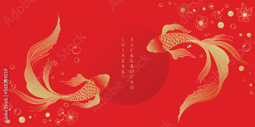 Chinese New Year background vector. Chinese and Japanese wallpaper pattern design of elegant koi fish, flower. Design illustration for decoration, wall decor, banner, website, ads.