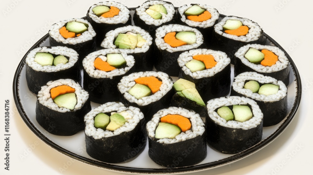 A plate of sushi rolls featuring cucumber, avocado, and carrot. A plate of sushi rolls featuring cucumber, avocado, and carrot.