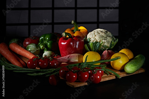 Fresh vegetables for cooking or eating raw photographed against a dark background