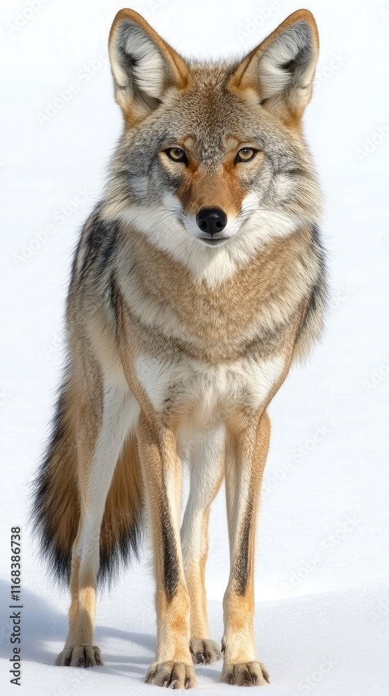 A coyote standing on snow, showcasing its natural beauty and keen expression. A coyote standing on snow, showcasing its natural beauty and keen expression.