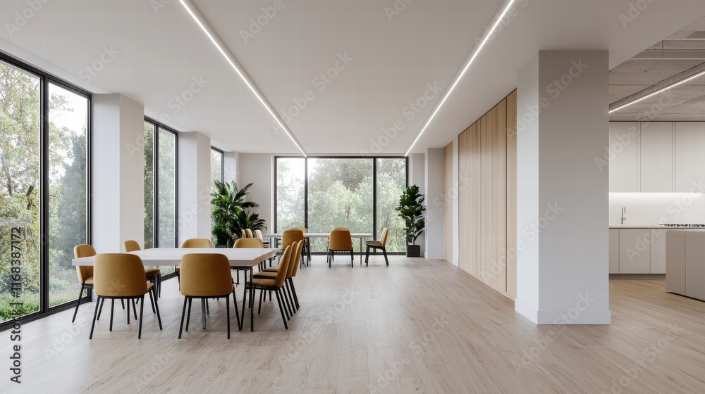 Fototapeta premium Modern office layout featuring empty tables, large windows, and ergonomic seating
