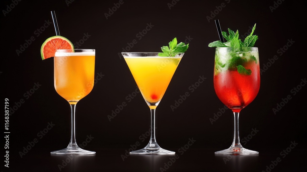 Fototapeta premium Three colorful cocktails displayed against a dark background.