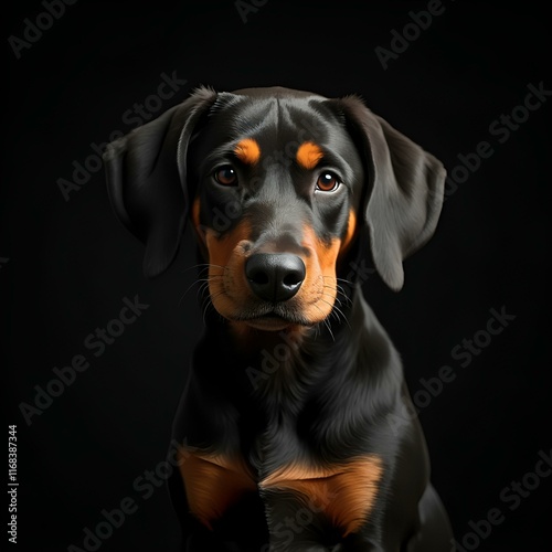 Adorable black and tan puppy portrait against a dark background, ideal for pet-related designs and advertising. photo