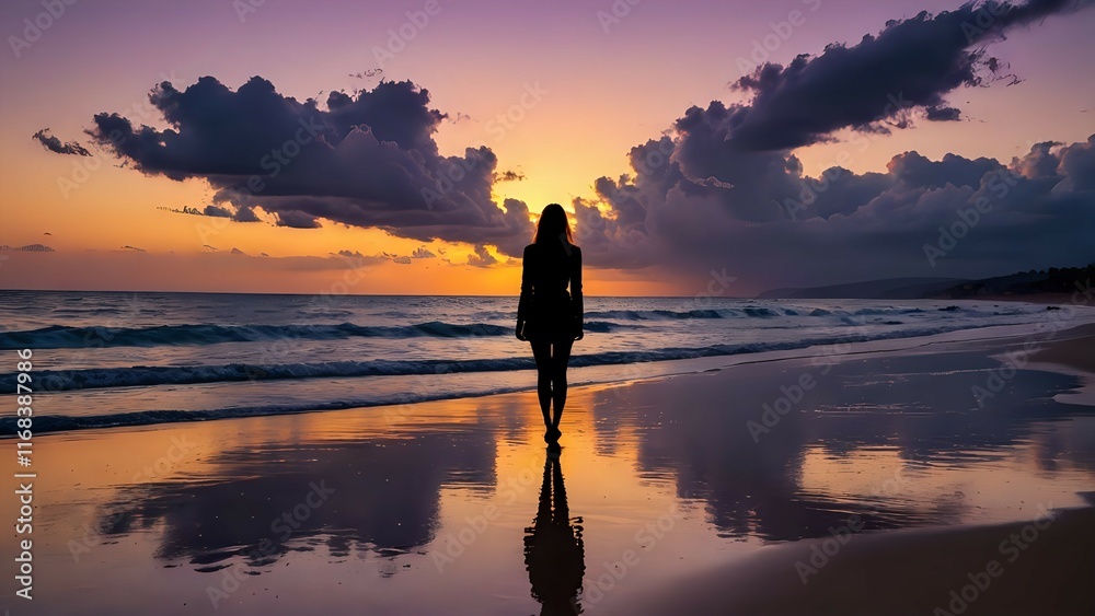 Silhouetted woman standing on a tranquil beach at sunset, the ocean reflecting the vibrant sky. Silhouetted woman standing on a tranquil beach at sunset, the ocean reflecting the vibrant sky.