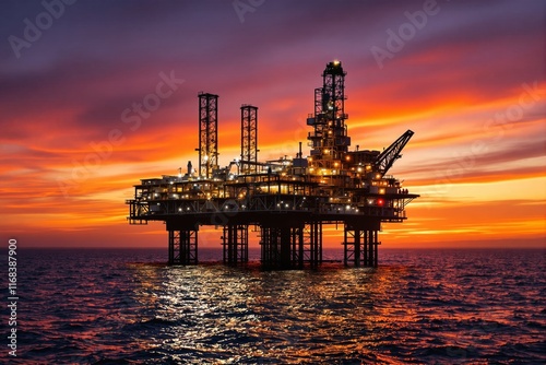 Offshore oil rig illuminated against vivid sunset sky over ocean waters.