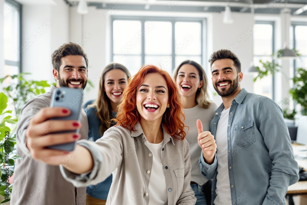 Obraz premium Group of friends taking a selfie indoors, expressing joy and positivity in a bright, modern office setting.