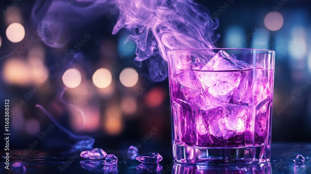 Purple Cocktail with Smoke in a Dark Bar Setting Purple Cocktail with Smoke in a Dark Bar Setting