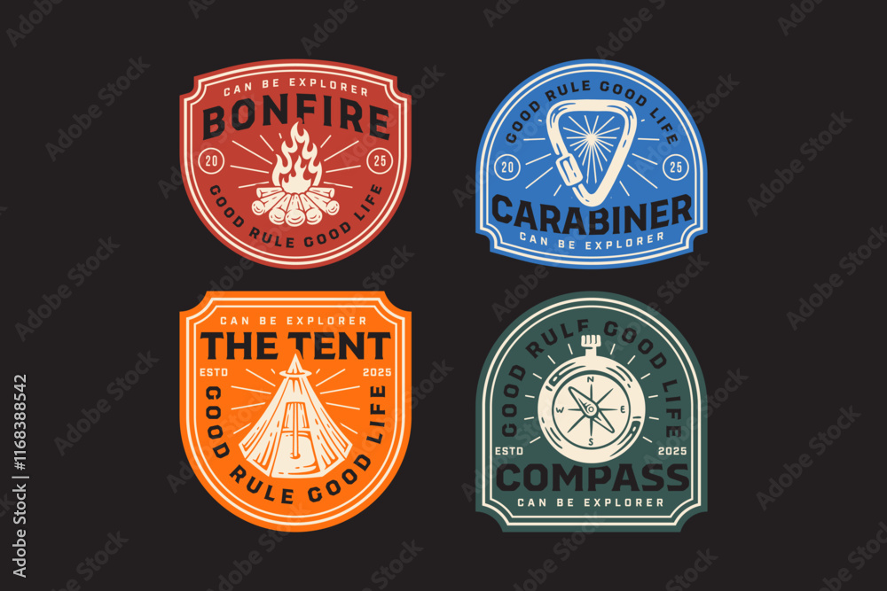 bonfire, ridge camping tent, old compass, carabiner triangle shape, campfire, navigation retro badge logo vector design collection set for adventure, explorer, mountaineer, hiker and climber