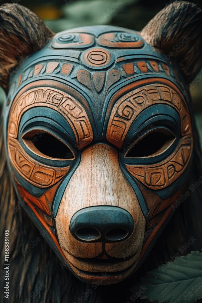 A wooden bear mask featuring intricate carvings and designs, symbolizing cultural significance. A wooden bear mask featuring intricate carvings and designs, symbolizing cultural significance.