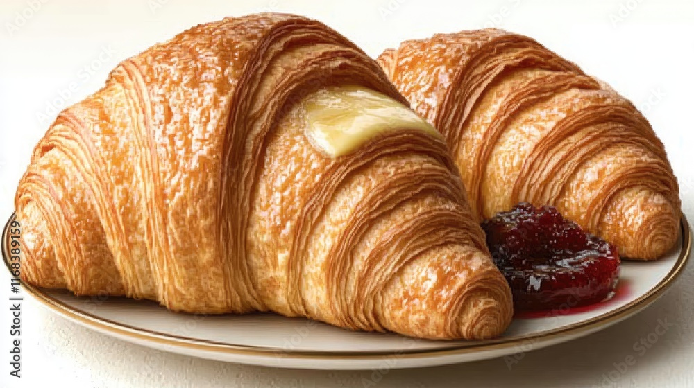 Two golden croissants on a plate with a dollop of jam, perfect for breakfast or brunch. Two golden croissants on a plate with a dollop of jam, perfect for breakfast or brunch.