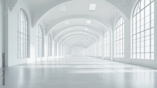 Bright, spacious white hallway with arched ceilings and large windows.