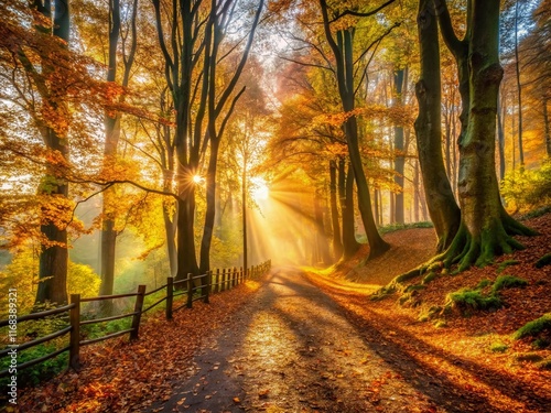 Autumn Forest Path Silhouette Photography: Sunlit Woodland Trail