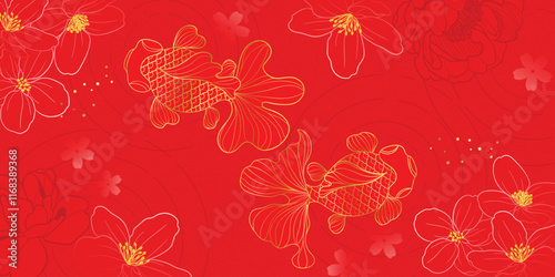Chinese New Year background vector. Chinese and Japanese wallpaper pattern design of elegant goldfish, peony flower, river. Design illustration for decoration, wall decor, banner, website, ads.