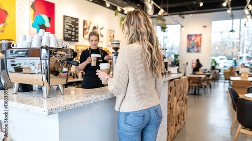An urban coffee shop scene featuring a model standing at the counter, wearing a contemporary cardigan and fitted jeans, ordering her drink. The barista in the background is preparing espresso, and