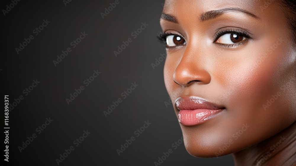 An intense close-up of a model gazing confidently towards the camera, her lips slightly parted as if mid-sentence. The lighting accentuates her cheekbones and gives depth to her skin tone, creating An intense close-up of a model gazing confidently towards the camera, her lips slightly parted as if mid-sentence. The lighting accentuates her cheekbones and gives depth to her skin tone, creating