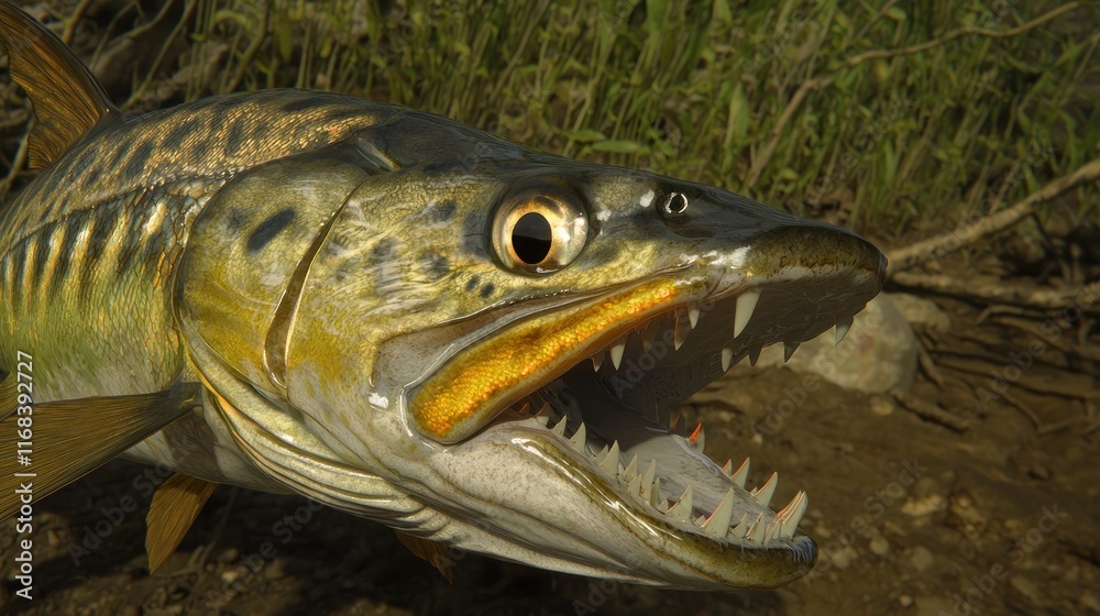 Close-up of a fish with sharp teeth in a natural setting. Close-up of a fish with sharp teeth in a natural setting.