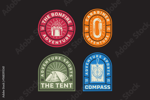 campfire barrel, camping tent, ruler compass, carabiner oval shape, bonfire, navigation retro badge logo vector design collection set for adventure, explorer, mountaineer, hiker and climber
